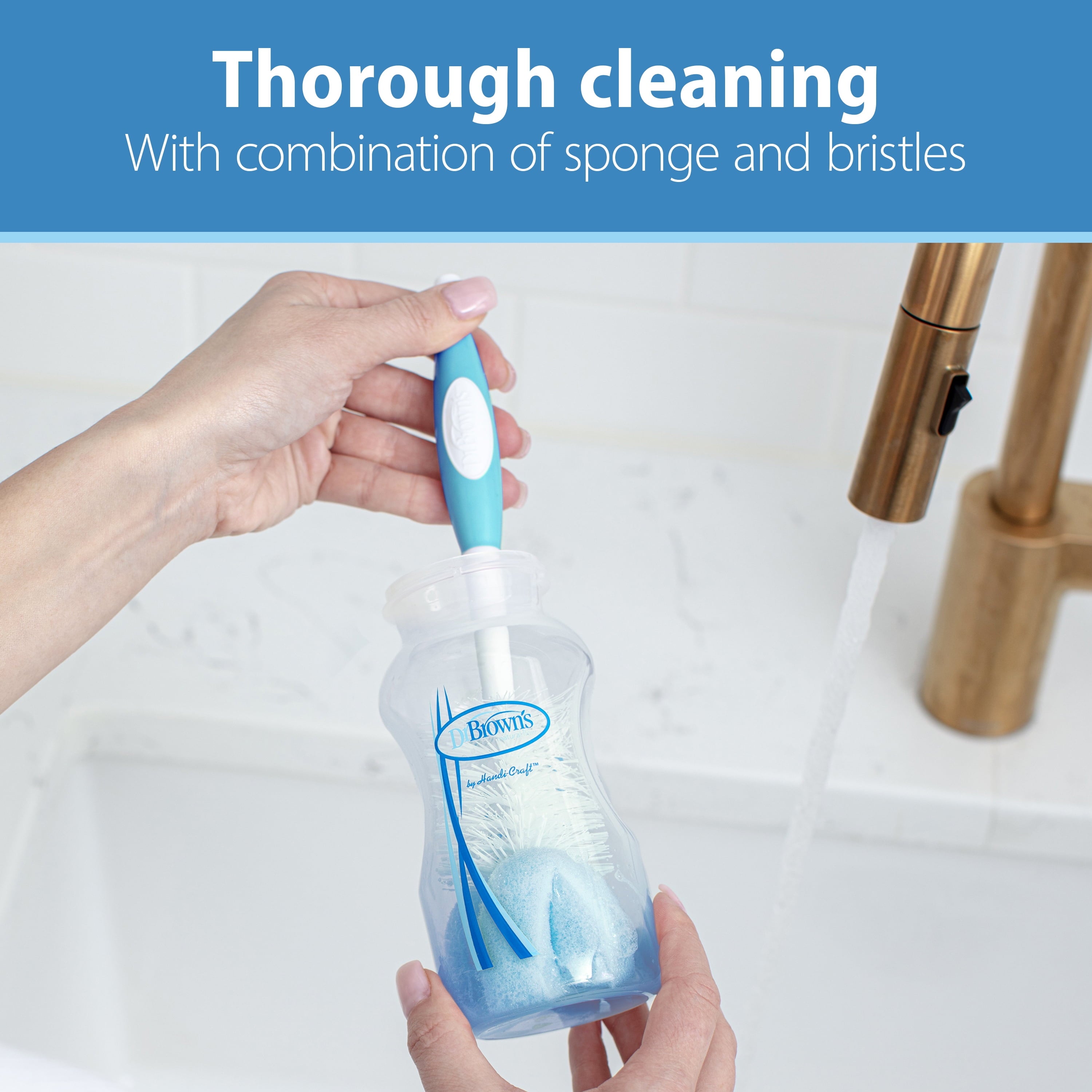 Dr. Brown's Baby Bottle Brush with Suction Cup Stand, Sponge, Scrubber and Nipple Cleaner Blue, 1 Pack