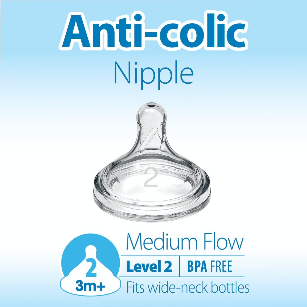 Dr. Brown's Natural Flow Level 2, Wide-Neck Baby Bottle Nipple, Medium Flow, 3m+, 100% Silicone, 6 Pack