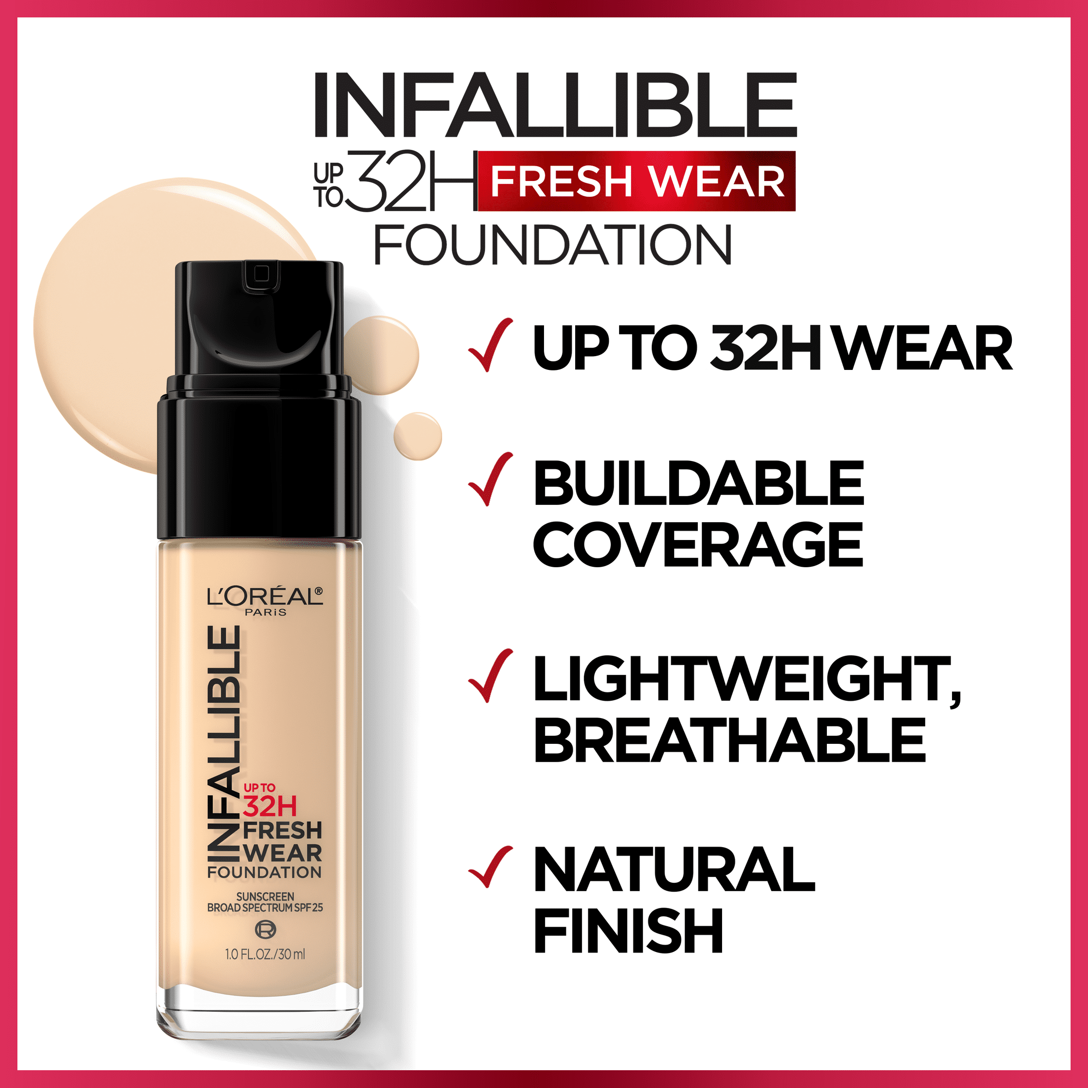 L'Oreal Paris Infallible Fresh Wear 32 Hr Liquid Foundation Makeup, 390 Snow, 1 fl oz