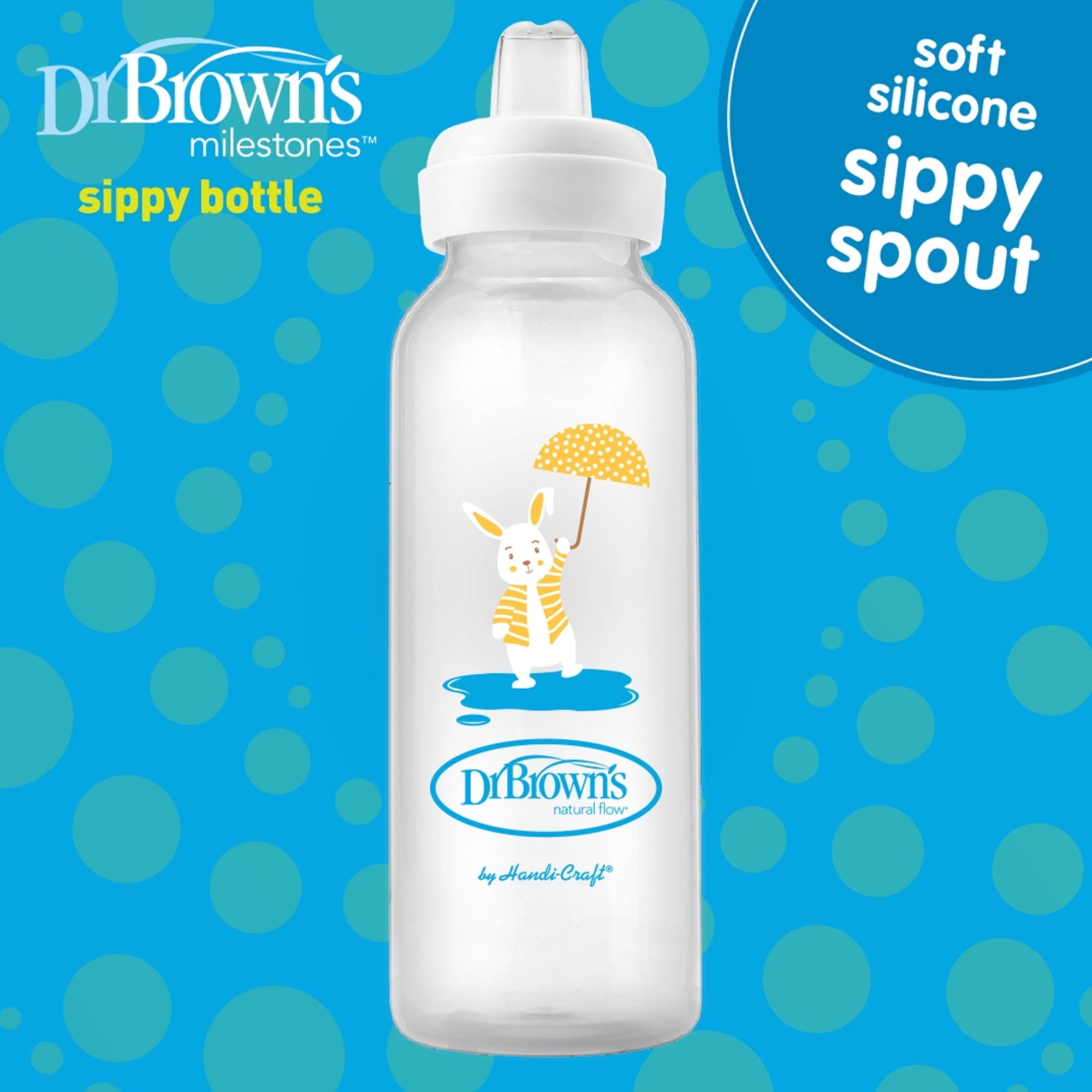 Dr. Brown's Milestones Narrow Sippy Bottle, 100% Silicone Soft Sippy Spout, 8oz 6m+, Bunny, 1-Pack