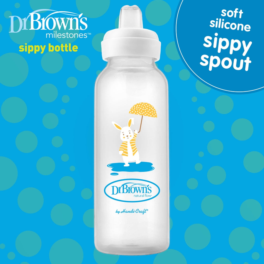 Dr. Brown's Milestones Narrow Sippy Bottle, 100% Silicone Spout, 8oz, Flamingo/Bunny, 6m+, 2 Pack