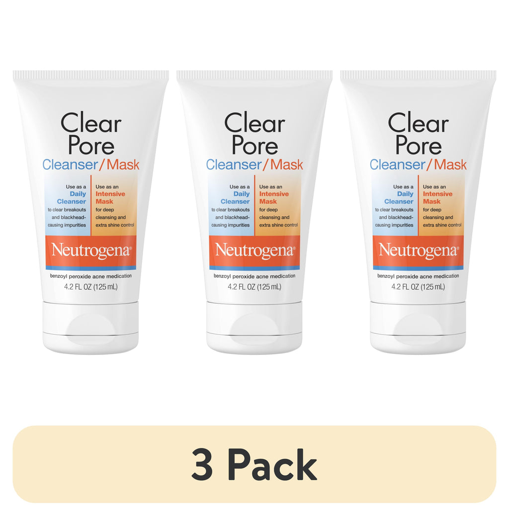 (3 pack) Neutrogena Clear Pore 3.5% Benzoyl Peroxide Face Wash & Acne Treatment Mask, 4.2 fl oz