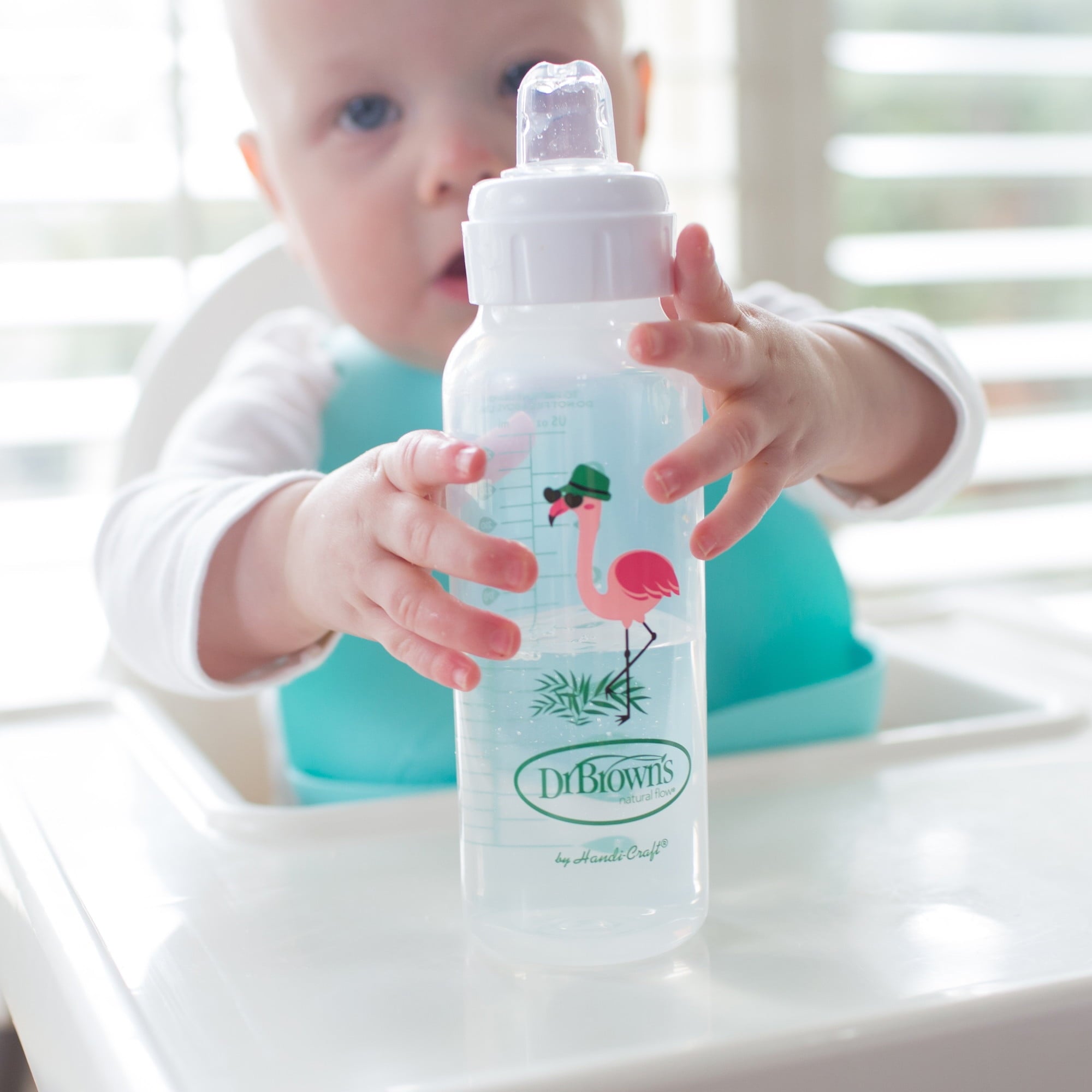 Dr. Brown's Milestones Narrow Sippy Bottle, 100% Silicone Spout, 8oz/250ml, 6m+, BPA Free, Flamingo, 1 Pack