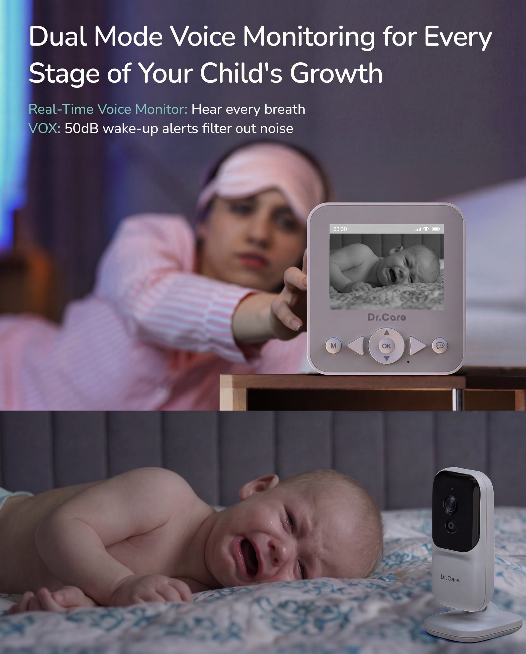 Dr.Care 2.8" Video Baby Monitor with Camera and Audio, Night Vision, Real Time, VOX Mode, Temperature Sensor