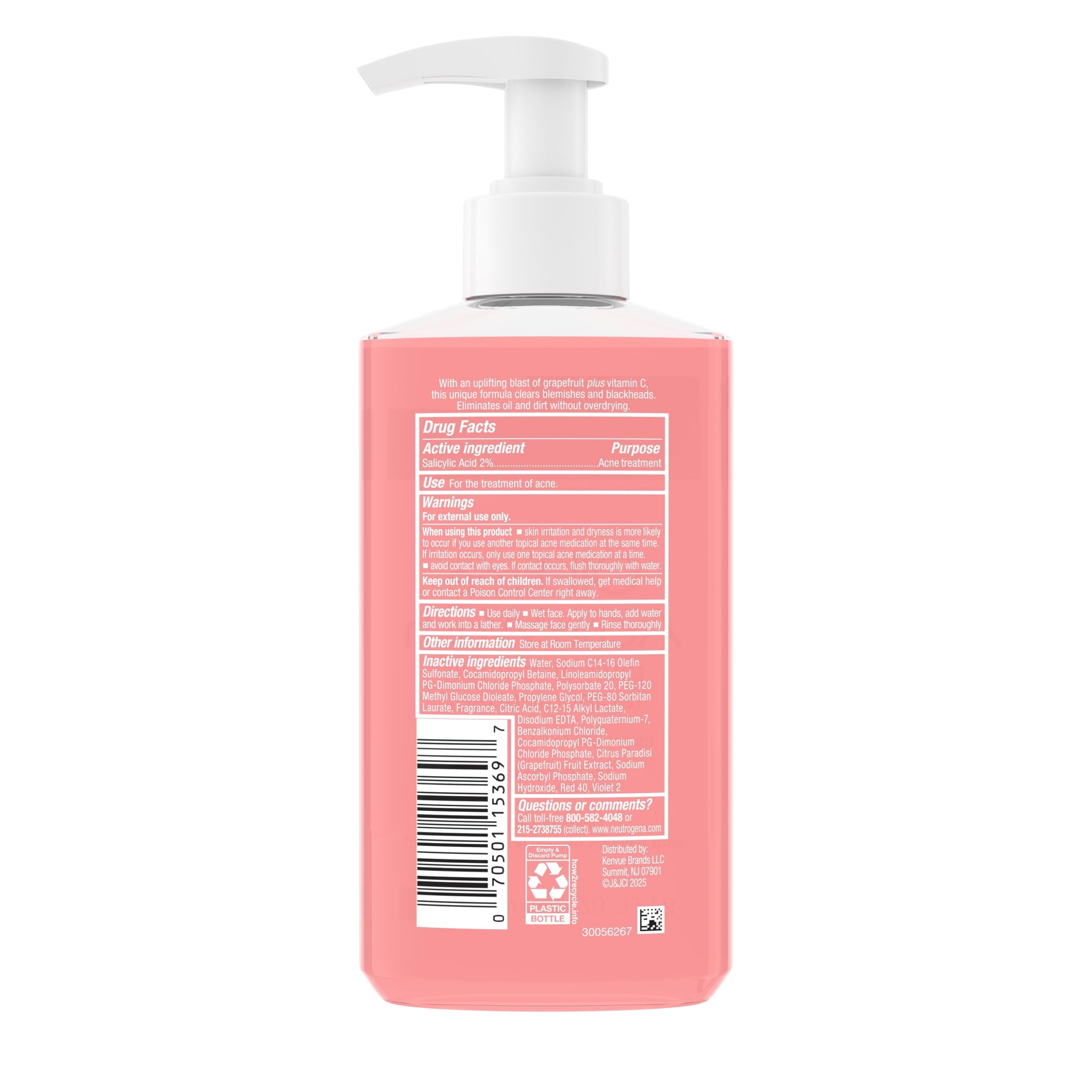 Neutrogena Oil-Free Pink Grapefruit Acne Face Wash, Salicylic Acid Facial Cleanser, 9.1 fl oz