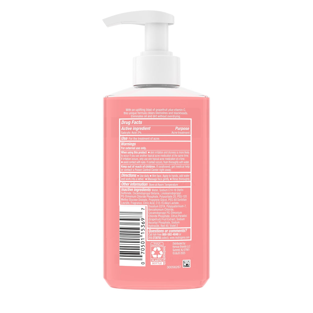 (2 pack) Neutrogena Oil-Free Pink Grapefruit Acne Face Wash, Salicylic Acid Facial Cleanser, 9.1 fl oz