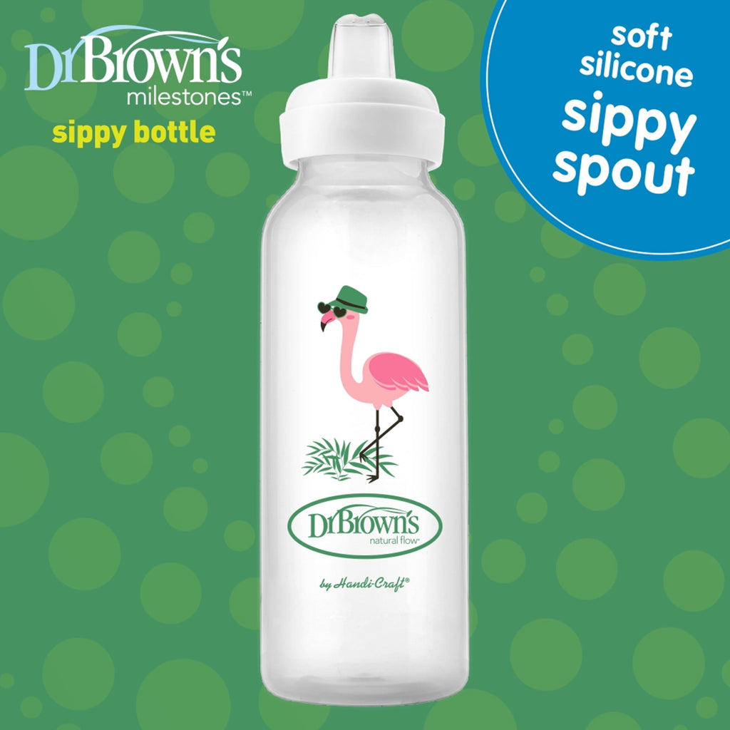 Dr. Brown's Milestones Narrow Sippy Bottle, 100% Silicone Spout, 8oz/250ml, 6m+, BPA Free, Flamingo, 1 Pack