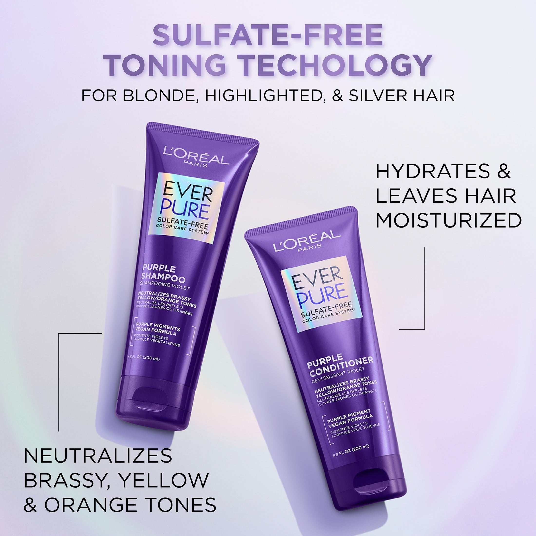 L'Oreal Paris EverPure Sulfate Free Purple Hair Conditioner, Squeeze, 6.8 fl oz