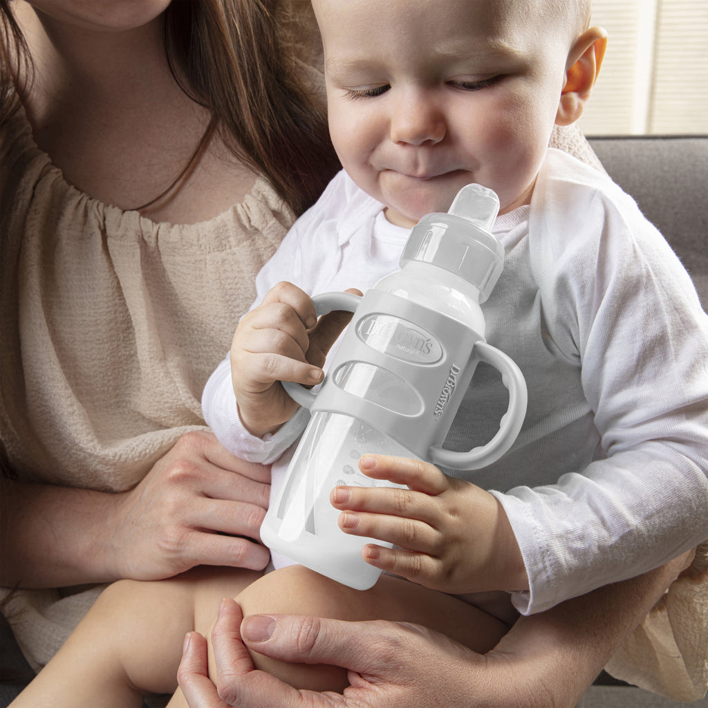 Dr. Brown's Milestones 100% Silicone Baby Bottle Handles, Narrow, 4m+, Light Blue/Green/Gray, 3 Pack