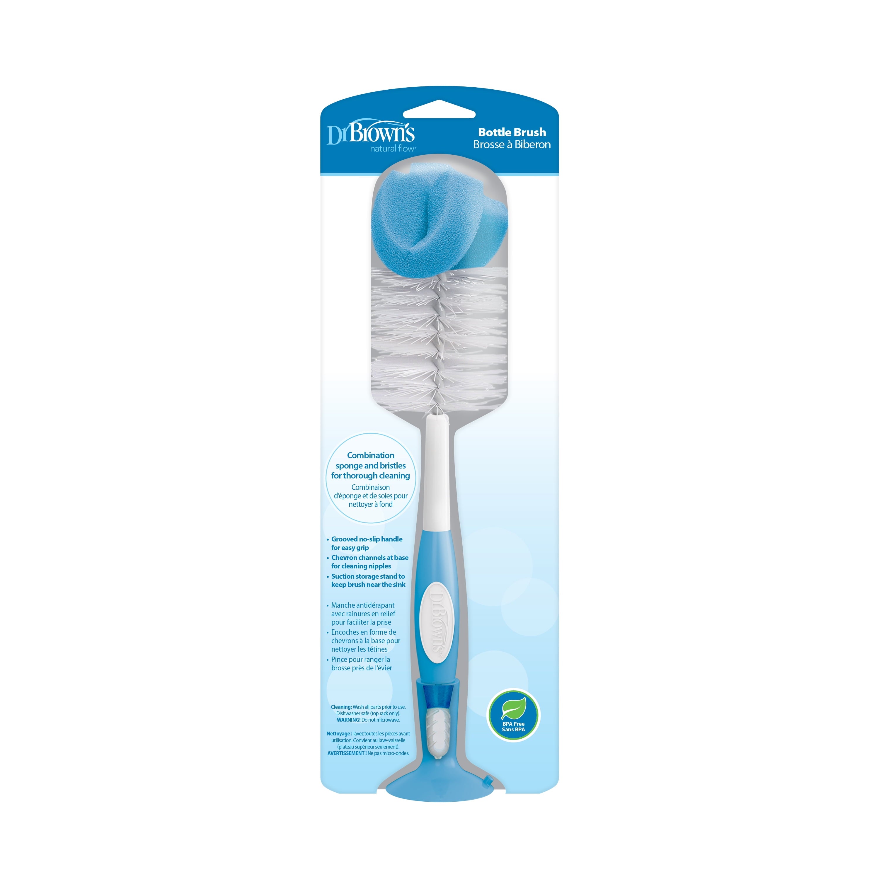 Dr. Brown's Baby Bottle Brush with Suction Cup Stand, Sponge, Scrubber and Nipple Cleaner Blue, 1 Pack