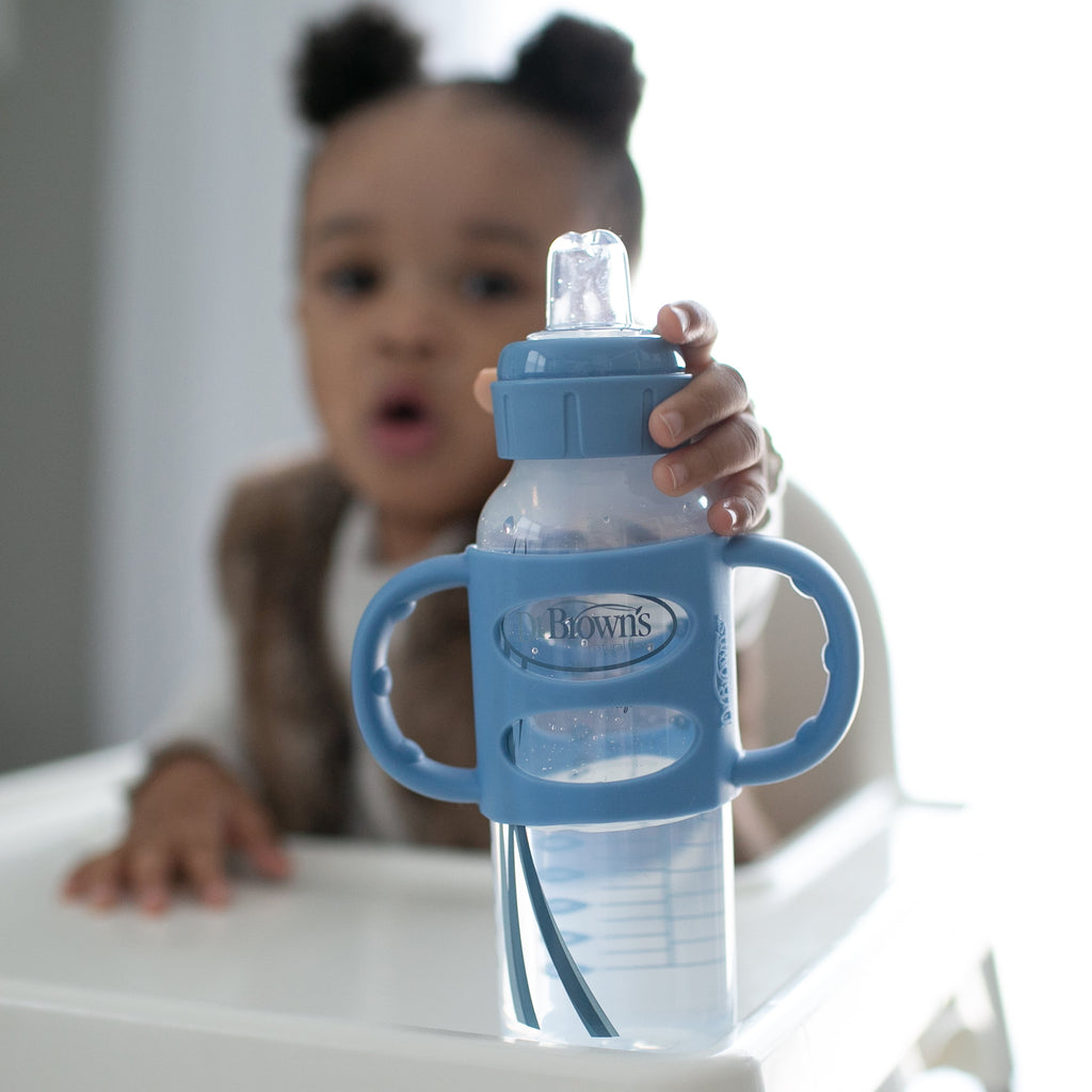 Dr. Brown's Milestones 100% Silicone Baby Bottle Handles, Narrow, 4m+, Light Blue/Green/Gray, 3 Pack