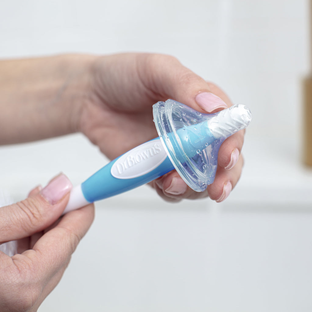 Dr. Brown's Baby Bottle Brush with Suction Cup Stand, Sponge, Scrubber and Nipple Cleaner Blue, 1 Pack