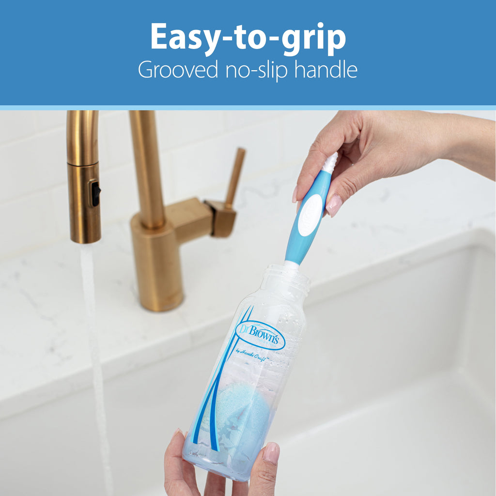 Dr. Brown's Baby Bottle Brush with Suction Cup Stand, Sponge, Scrubber & Nipple Cleaner Blue, 3 Pack