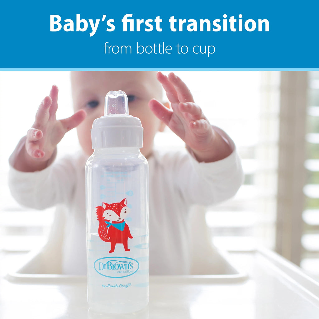 Dr. Brown's Milestones Narrow Sippy Bottle, 100% Silicone Spout, 8oz/250ml, 6m+, Fox, 1 Pack