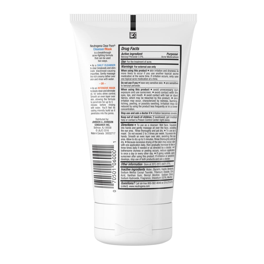 Neutrogena Clear Pore 3.5% Benzoyl Peroxide Face Wash & Acne Treatment Mask, 4.2 fl oz
