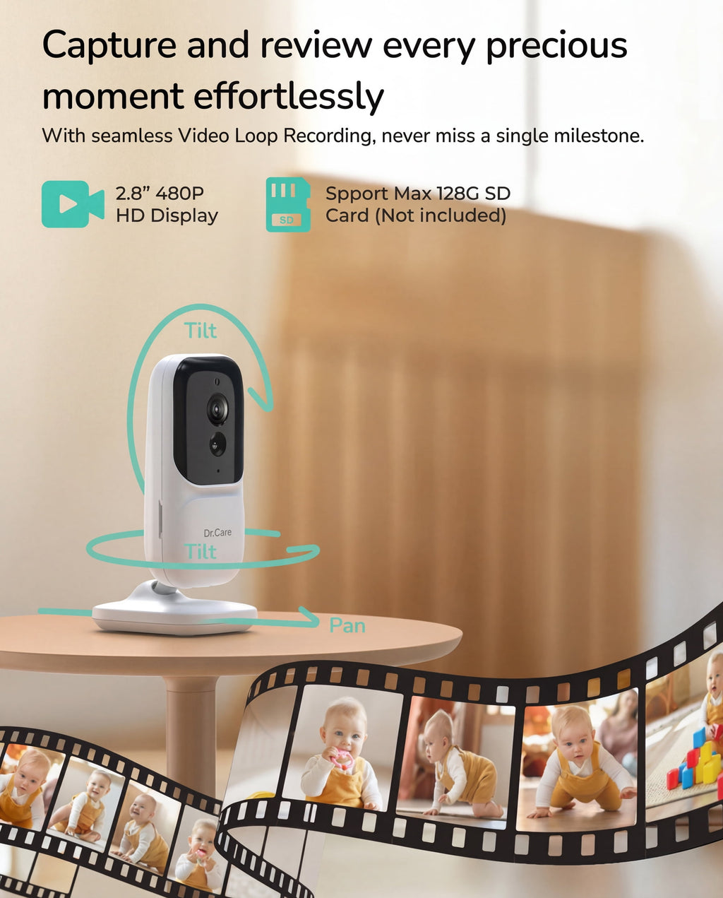 Dr.Care 2.8" Video Baby Monitor with Camera and Audio, Night Vision, Real Time, VOX Mode, Temperature Sensor